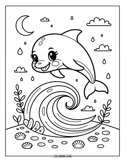 Delfinbaby-Ausmalbild für Erwachsene: Ein Delfin springt durch die Luft mit Meerspflanzen darunter und einem mondbeleuchteten Himmel darüber