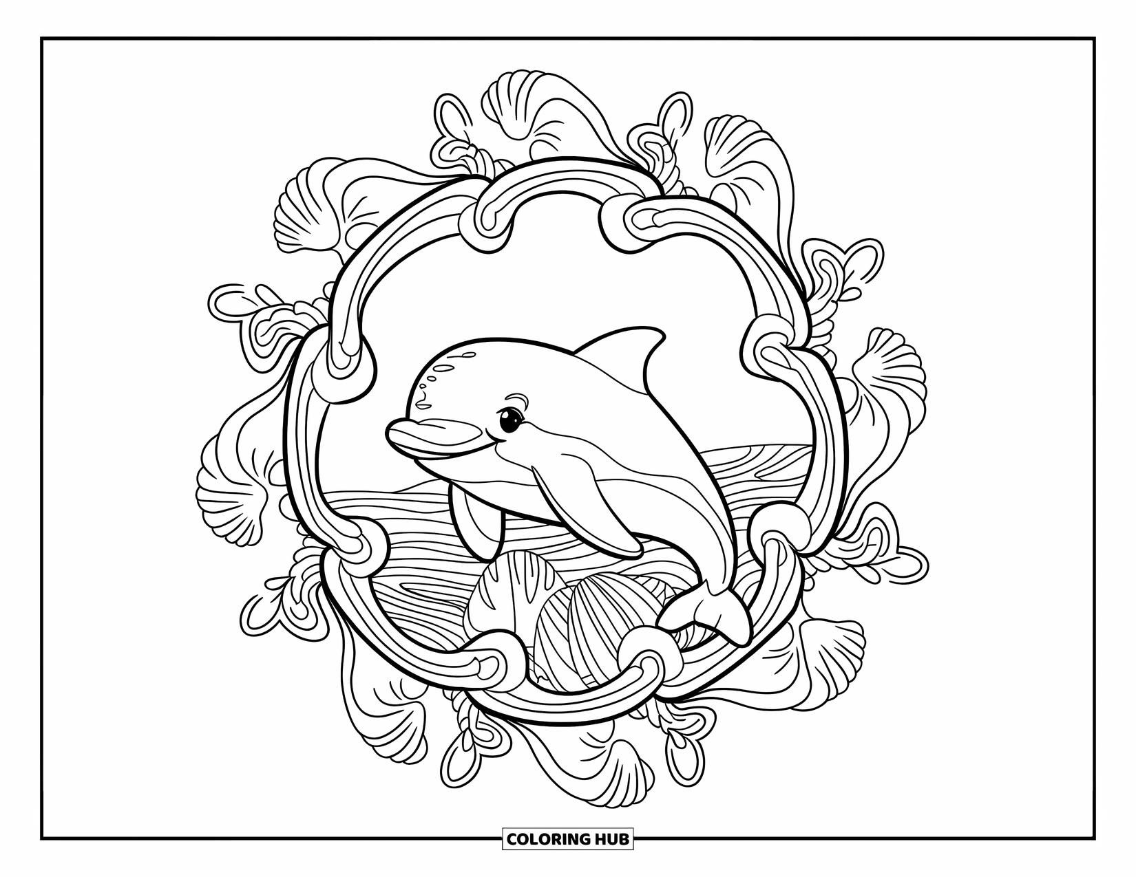 Baby Dolphin Coloring Page for Adults: A dolphin rests inside a mandala of seagrass and clamshells with bold, crisp outlines