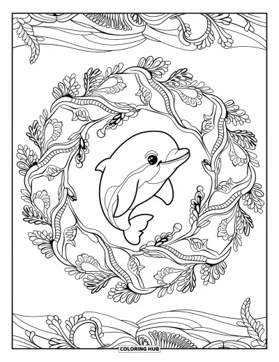 Delfinbaby-Ausmalbild für Erwachsene: Ein Delfin sitzt im Zentrum eines Mandalas, gefüllt mit Korallen- und Seegras-Spiralen