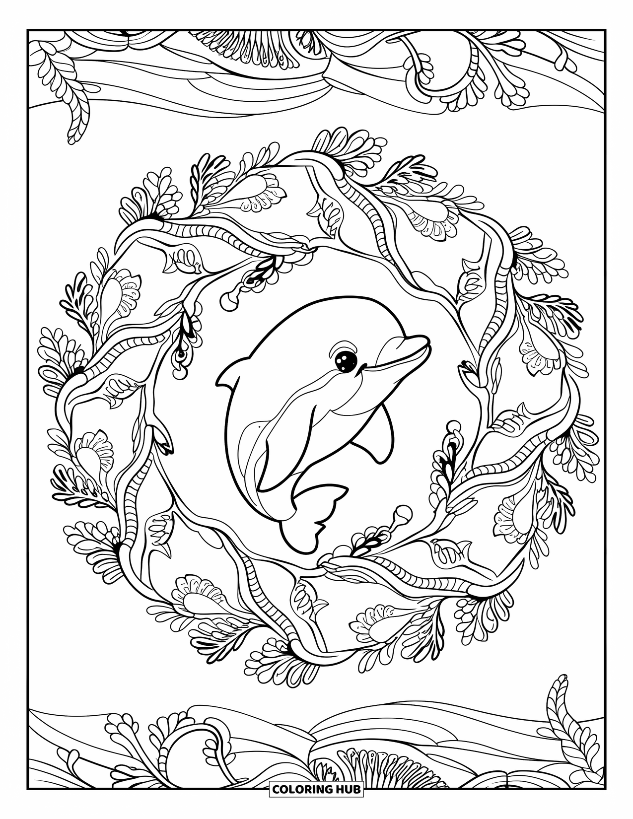 Baby Dolphin Coloring Page for Adults: A dolphin sits at the center of a mandala filled with coral and seaweed spirals