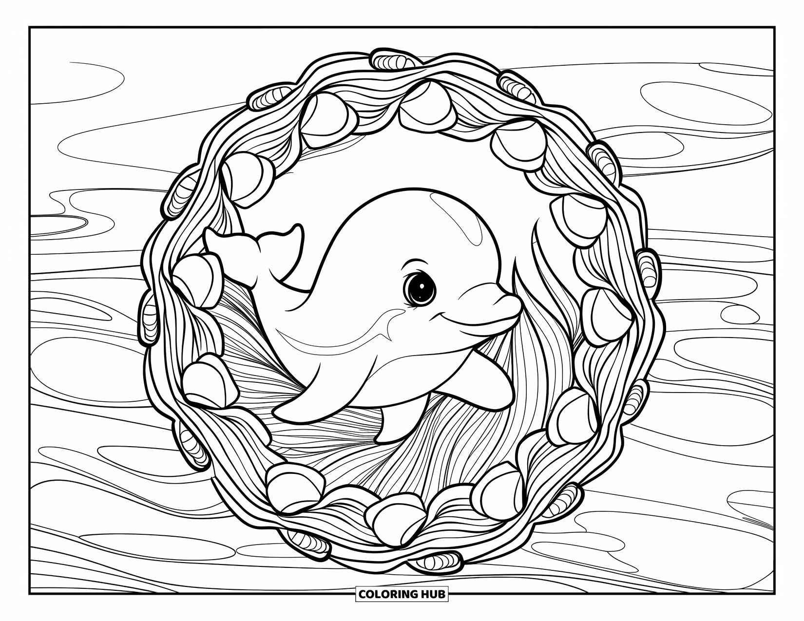 Baby Dolphin Coloring Page for Adults: A dolphin sits in a mandala of ocean textures with calm waves and decorative borders