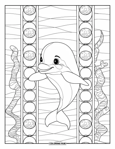 Delfinbaby-Ausmalbild für Erwachsene: Ein Delfin schwimmt in einem hohen Buntglasfenster, gerahmt von Wellen und Kelp-Spiralen