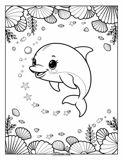 Delfinbaby-Ausmalbild für Erwachsene: Ein Delfin schwimmt vergnügt mit Blasen, Meeresmuscheln und Seegras, die einen gemütlichen Unterwasserpfad bilden