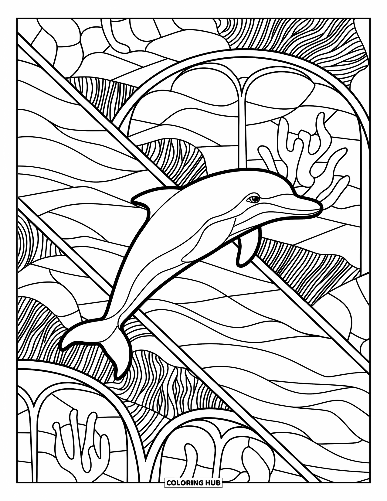 Baby Dolphin Coloring Page for Adults: A dolphin swims through diagonal stained glass with coral arches and flowing lines