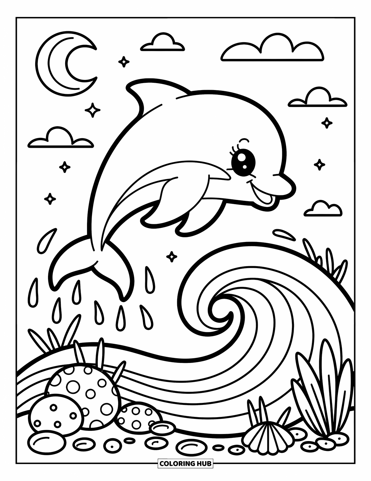 Baby Dolphin Coloring Page for Adults: A graceful dolphin arcs above the waves while stars and sea pebbles complete the scene