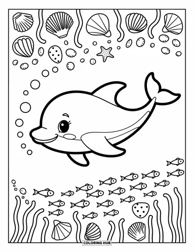 Delfinbaby-Ausmalbild für Erwachsene: Ein verspielter Delfin schwimmt über Meeresmuscheln und Fischen und hinterlässt sprudelnde Schleifen