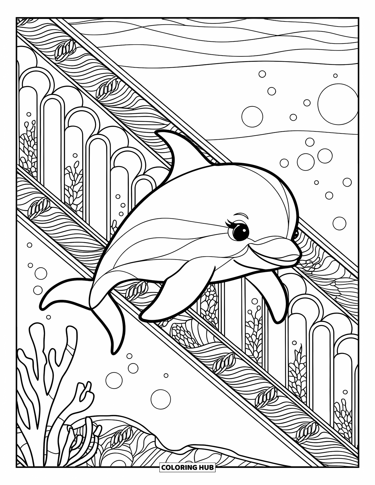 Baby Dolphin Coloring Page for Adults: A playful dolphin swims through diagonal stained glass with bubbles and coral patterns