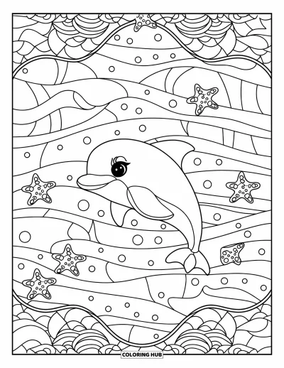 Delfinbaby-Ausmalbild für Erwachsene: Ein Buntglasfenster zeigt einen Delfin, gerahmt von geschwungenen Wellen und Seesterndetails