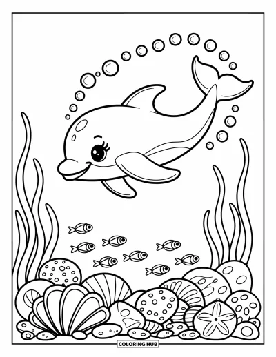 Delfinbaby-Ausmalbild für Erwachsene: Blasen ziehen hinter einem schwimmenden Delfin her, umgeben von Kieselsteinen, Muscheln und kleinen Meereslebewesen