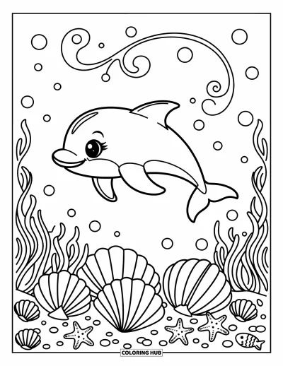 Delfinbaby-Ausmalbild für Erwachsene: Der Delfin gleitet durch Blasen, während Muscheln und Seegras einen niedlichen Meeresrahmen bilden