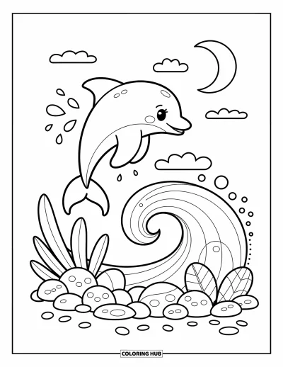 Delfinbaby-Ausmalbild für Erwachsene: Der Delfin springt über die Wellen mit Meereskieseln und einem traumhaften Nachthimmel darüber
