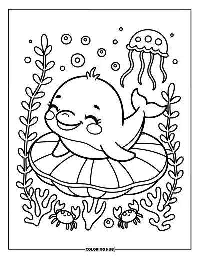 Delfinbaby-Ausmalbild für Erwachsene: Der Delfin schläft auf einem riesigen Meeresblatt, mit winzigen Krabben und schwebenden Quallen in der Nähe