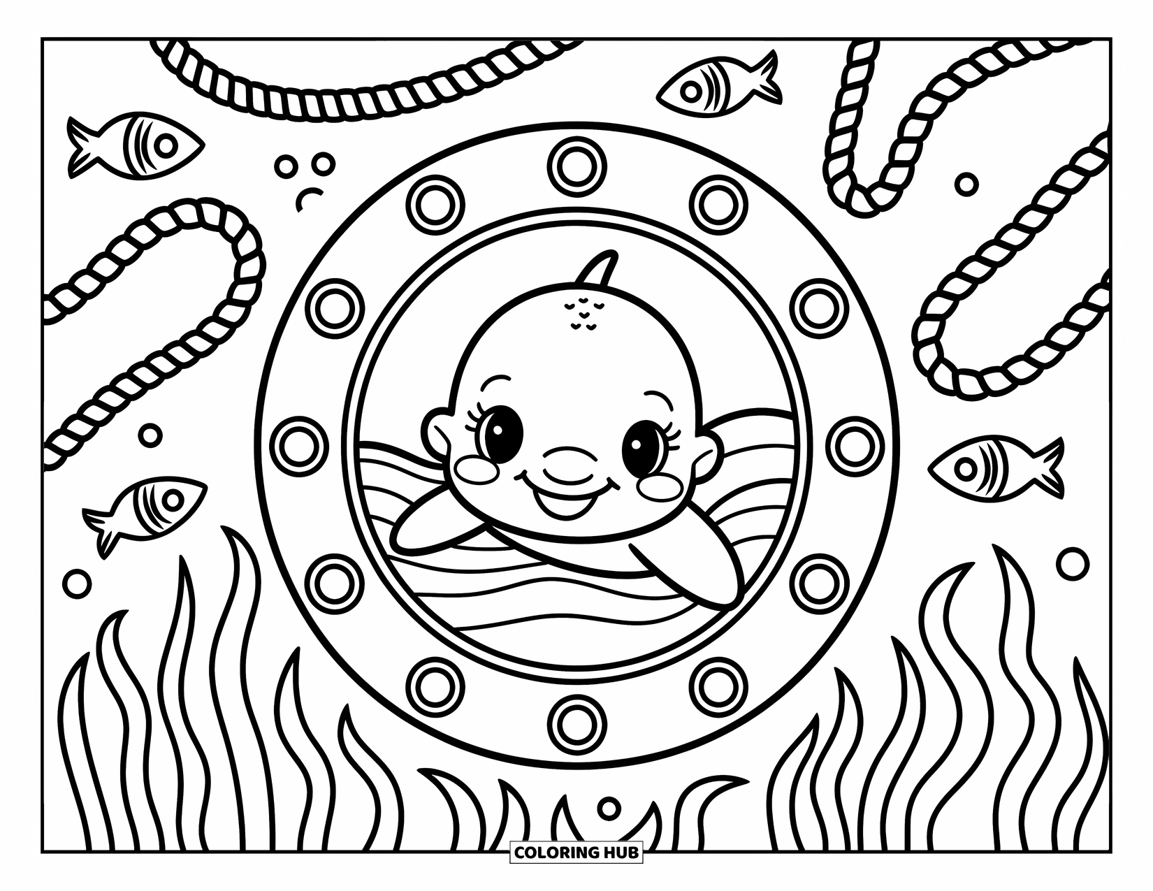 Baby Dolphin Coloring Page for Adults: The dolphin peers out of a decorated porthole with swaying seaweed and gentle fish trails