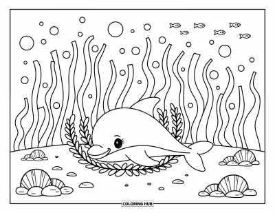 Delfinbaby-Ausmalbild für Erwachsene: Der Delfin ruht zwischen hohem Kelp mit Blasen und kleinen Fischen, die darüber treiben