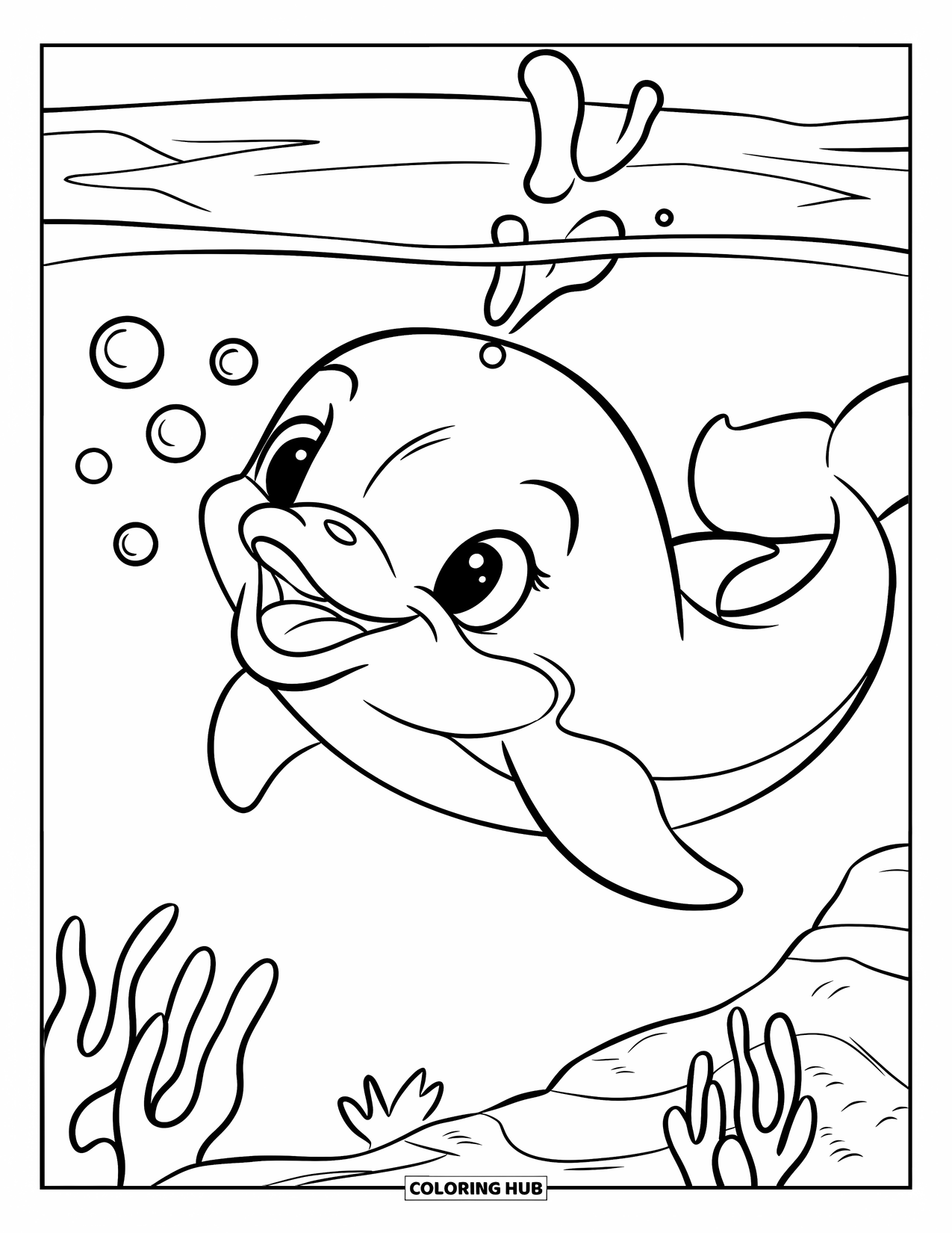 Baby Dolphin Coloring Page for Kids: A baby dolphin happily blows bubbles in the water