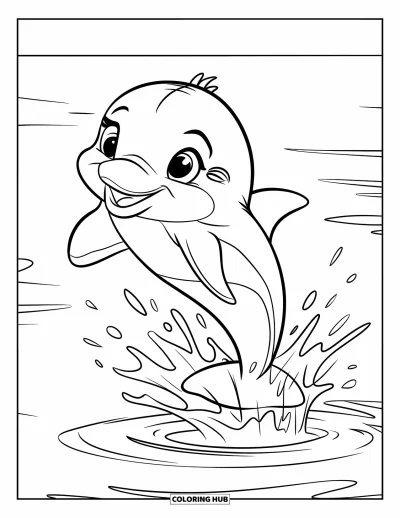 Delfinbaby-Ausmalbild für Kinder: Ein Baby-Delfin springt mit einem großen Spritzer aus dem Wasser