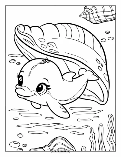 Delfinbaby-Ausmalbild für Kinder: Ein Baby-Delfin schwimmt neben einer großen, gemusterten Meeresmuschel