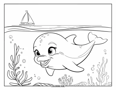 Delfinbaby-Ausmalbild für Kinder: Ein Baby-Delfin beobachtet ein fernes Segelboot, während er unter Wasser treibt