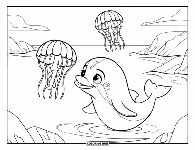 Delfinbaby-Ausmalbild für Kinder: Ein Baby-Delfin beobachtet Quallen, die sanft darüber treiben