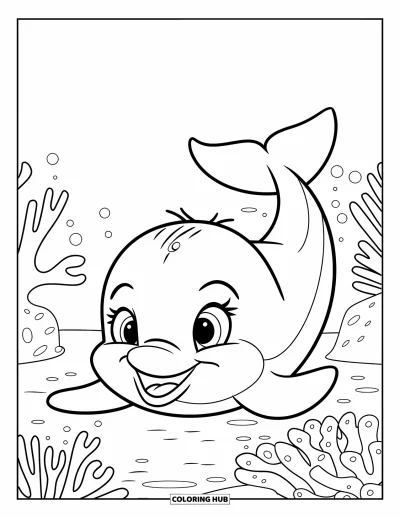 Delfinbaby-Ausmalbild für Kinder: Ein fröhlicher Delfin wölbt sich über einen lebhaften Korallengarten