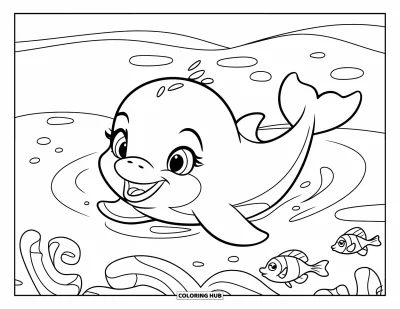 Delfinbaby-Ausmalbild für Kinder: Ein vergnügter Delfin schwebt über sich ringelndem Seegras und Fischen