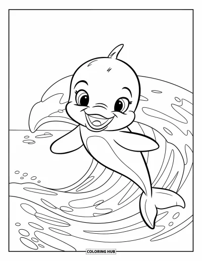 Delfinbaby-Ausmalbild für Kinder: Ein fröhlicher Delfin springt über eine sanfte Welle