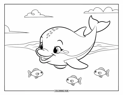 Delfinbaby-Ausmalbild für Kinder: Ein Delfin treibt friedlich, während drei Fische in der Nähe schwimmen