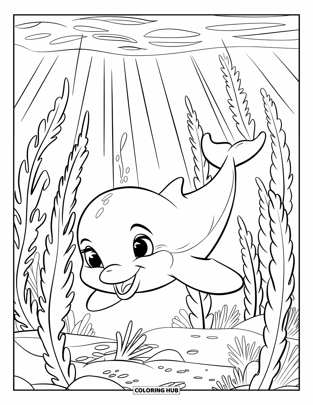 Baby Dolphin Coloring Page for Kids: A dolphin glides through tall seaweed with sunlight streaming above
