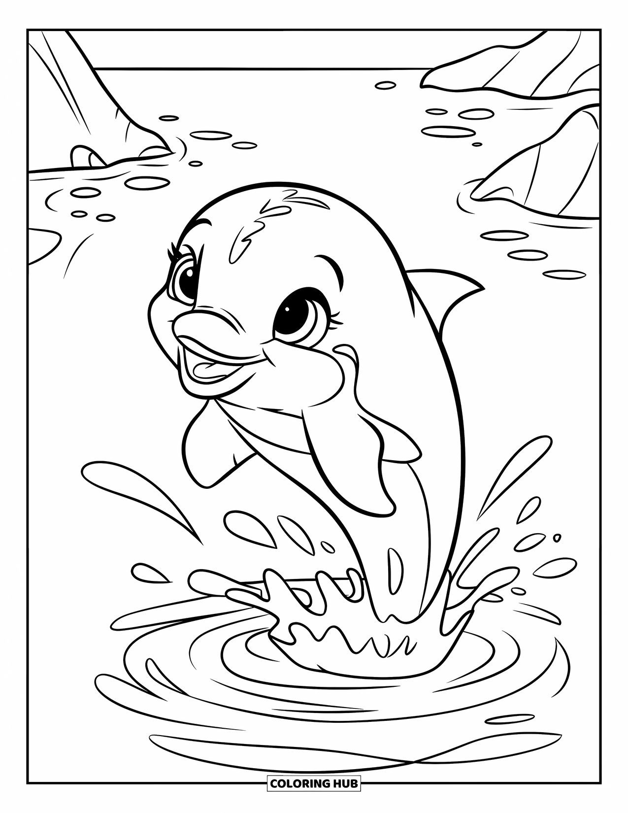 Baby Dolphin Coloring Page for Kids: A dolphin leaps from the sea, leaving splash lines behind
