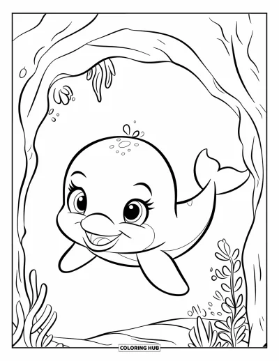 Delfinbaby-Ausmalbild für Kinder: Ein Delfin schwimmt neben einer Meereshöhle mit Pflanzen in der Nähe