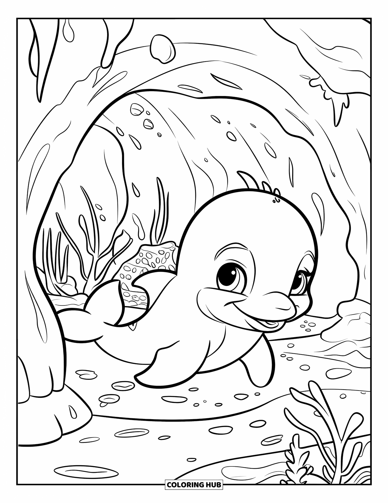 Baby Dolphin Coloring Page for Kids: A friendly dolphin floats by a sea cave covered in seaweed