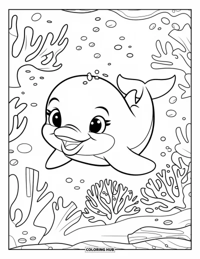 Delfinbaby-Ausmalbild für Kinder: Ein fröhliches Baby-Delfin schwimmt durch ein mit Seegras gefülltes Korallenriff