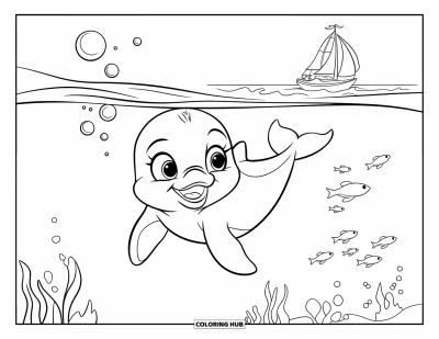 Delfinbaby-Ausmalbild für Kinder: Ein verspielter Delfin beobachtet ein Segelboot von unter dem Meer