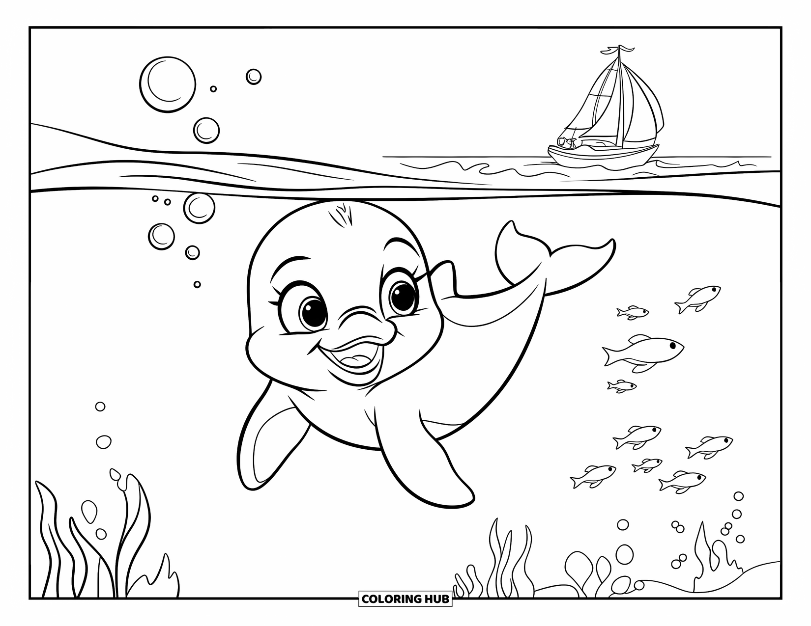 Baby Dolphin Coloring Page for Kids: A playful dolphin watches a sailboat from under the sea