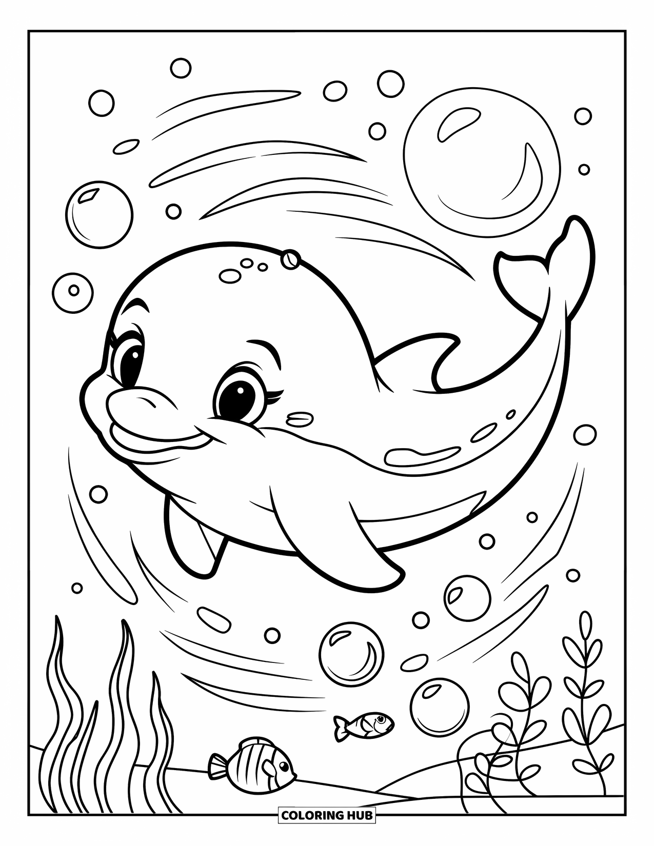 Baby Dolphin Coloring Page for Kids: A round baby dolphin blows bubbles while swimming in circles