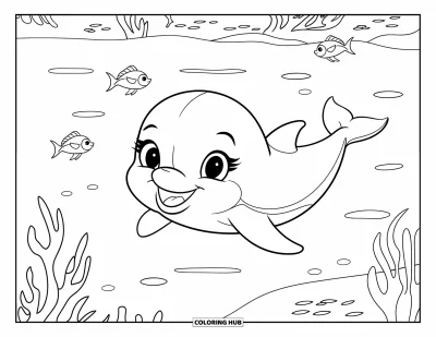 Delfinbaby-Ausmalbild für Kinder: Ein lächelnder Delfin treibt mit kleinen Fischen und ruhigem Wasser darunter