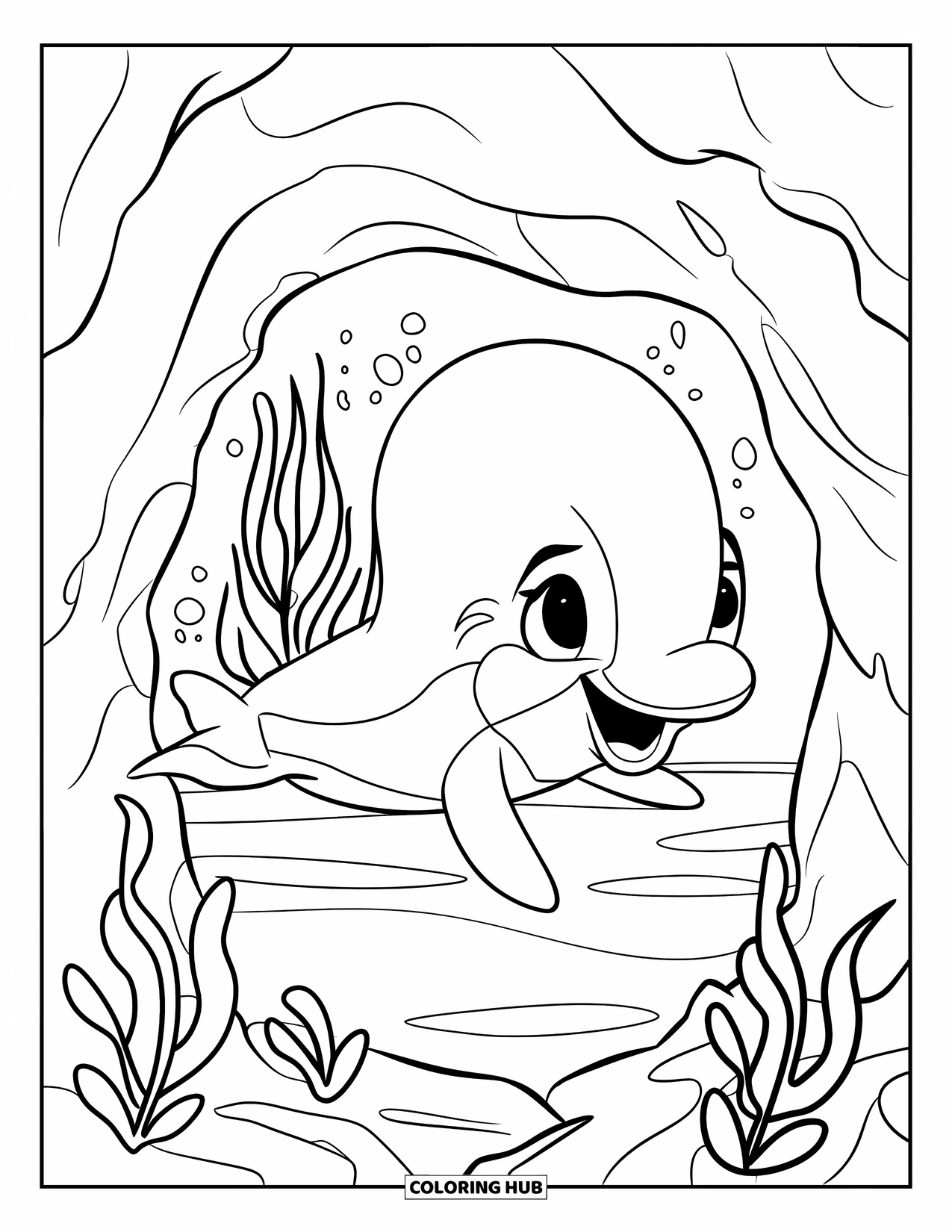 Baby Dolphin Coloring Page for Kids: The baby dolphin explores near a rocky cave entrance