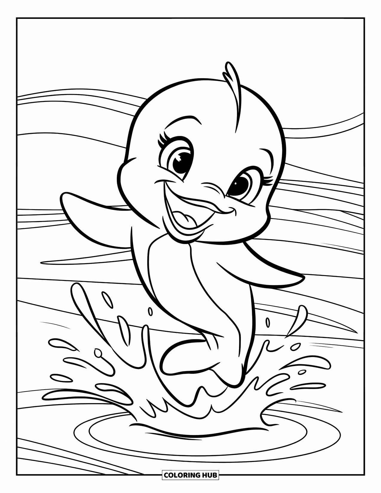 Baby Dolphin Coloring Page for Kids: The baby dolphin jumps high with ripples trailing