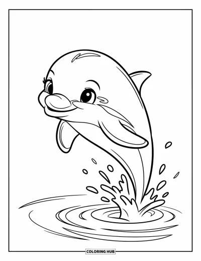 Delfinbaby-Ausmalbild für Kinder: Das Baby-Delfin macht einen freudigen Sprung aus dem Wasser