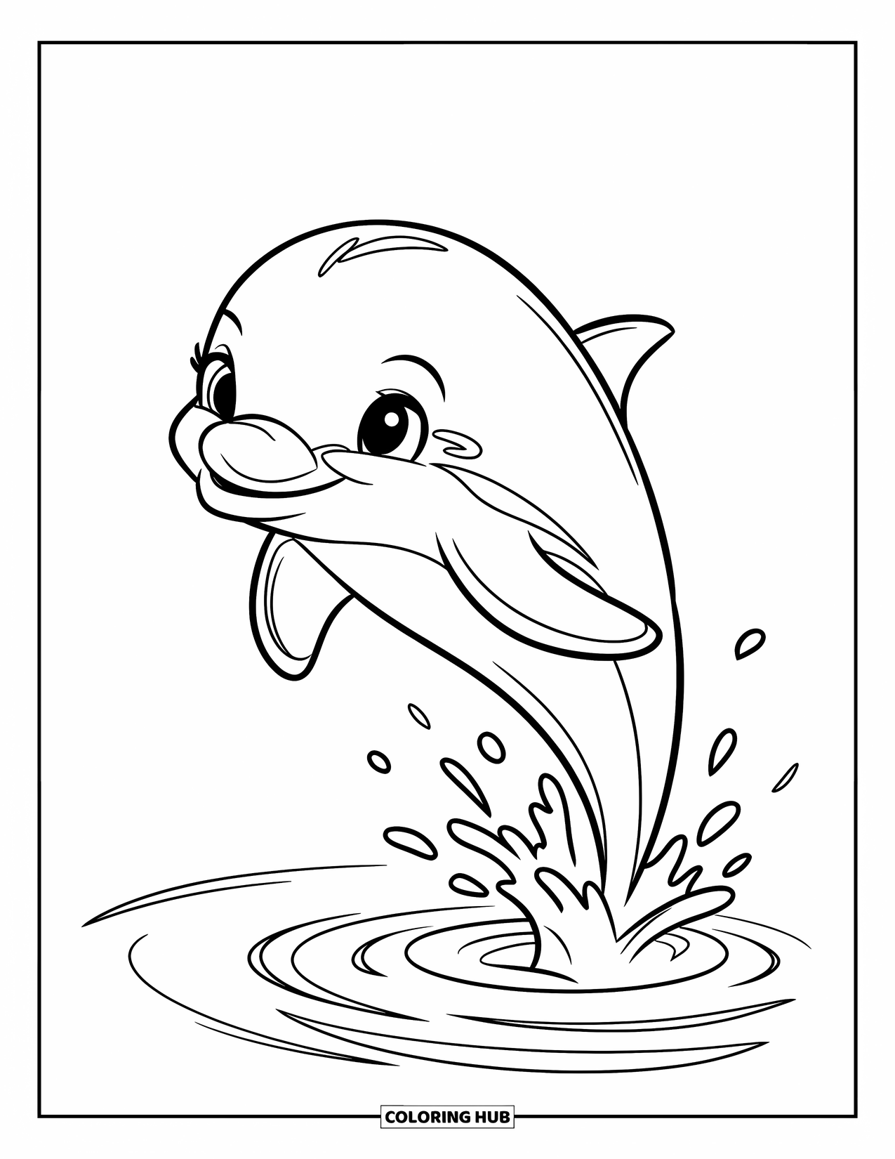 Baby Dolphin Coloring Page for Kids: The baby dolphin makes a joyful leap out of the water