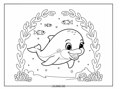 Delfinbaby-Ausmalbild für Kinder: Der fröhliche Delfin schwimmt durch Korallen mit kleinen Fischen in der Nähe