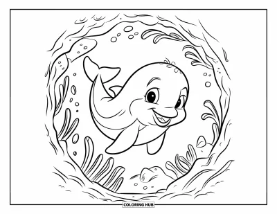 Delfinbaby-Ausmalbild für Kinder: Der Delfin schwimmt verspielt durch einen natürlichen Unterwassertunnel