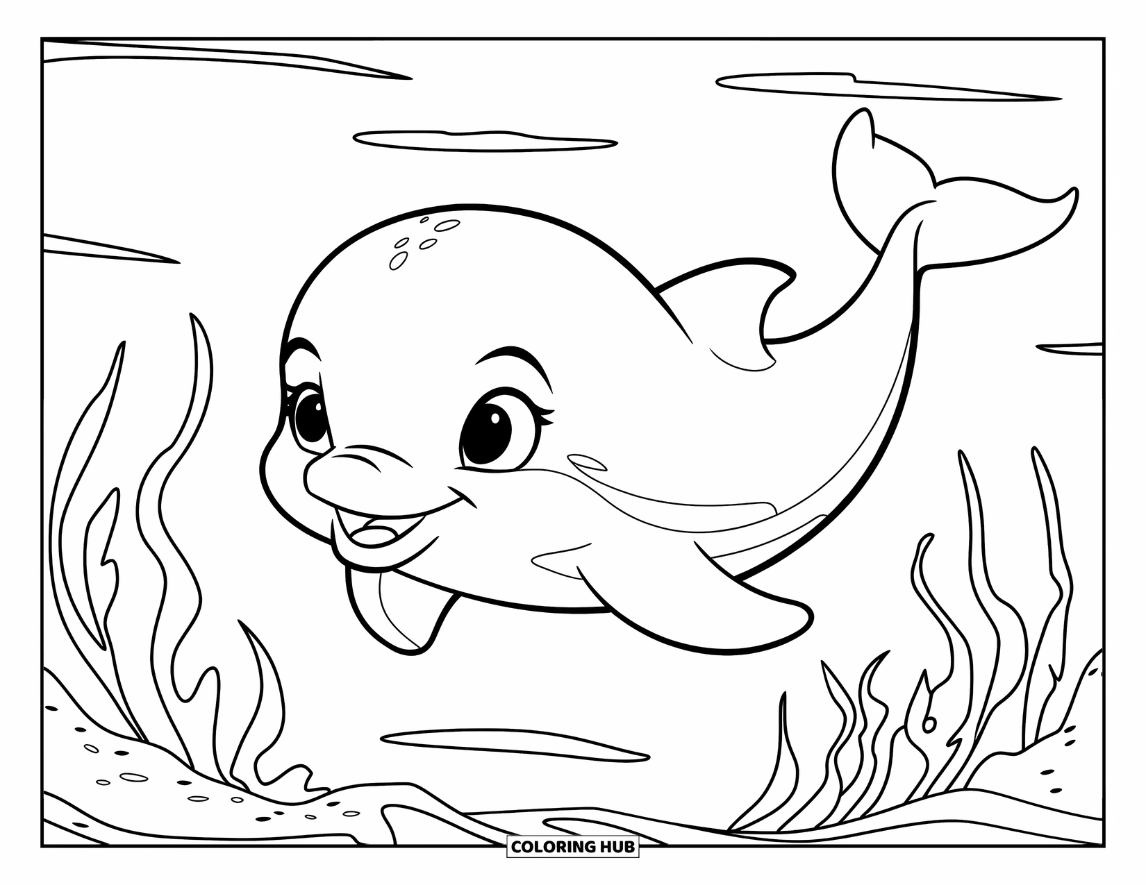 Baby Dolphin Coloring Page for Kids: The dolphin drifts gently in water with seaweed swaying below