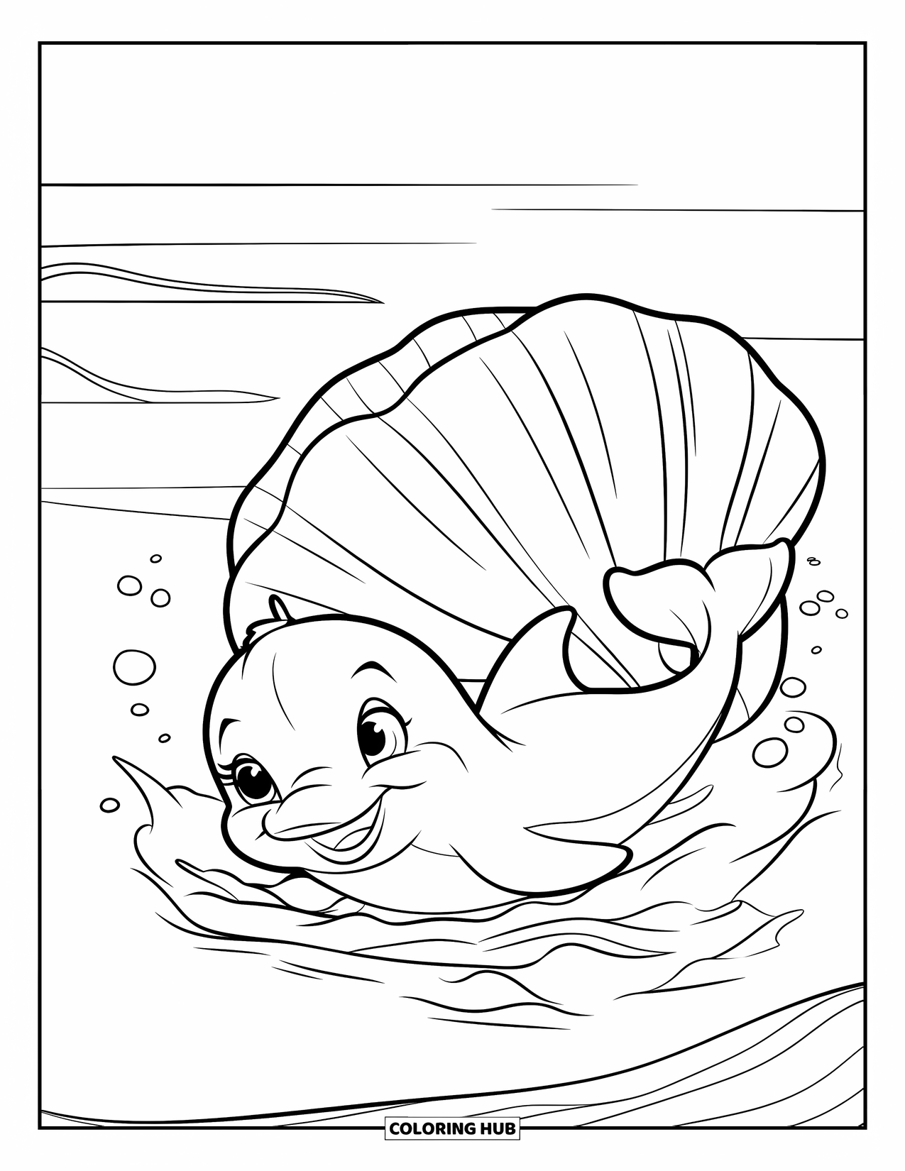 Baby Dolphin Coloring Page for Kids: The dolphin flicks its tail beside a large shell on the sea floor