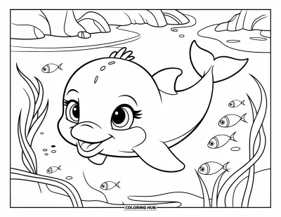 Delfinbaby-Ausmalbild für Kinder: Der Delfin treibt friedlich, während Seegras und Fische darunter wirbeln