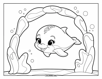 Delfinbaby-Ausmalbild für Kinder: Der Delfin treibt unter einem sanften Korallenbogen mit großen, weit geöffneten Augen
