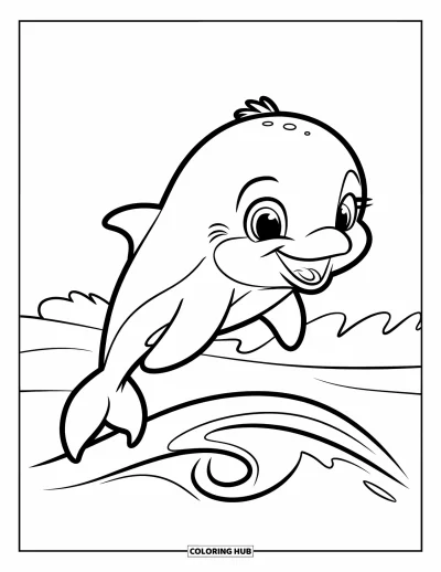Delfinbaby-Ausmalbild für Kinder: Der Delfin springt fröhlich mit großen Augen und verspielter Energie
