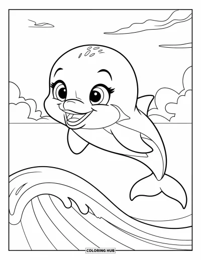 Delfinbaby-Ausmalbild für Kinder: Der Delfin springt hoch über eine geschwungene Welle und flauschige Wolken