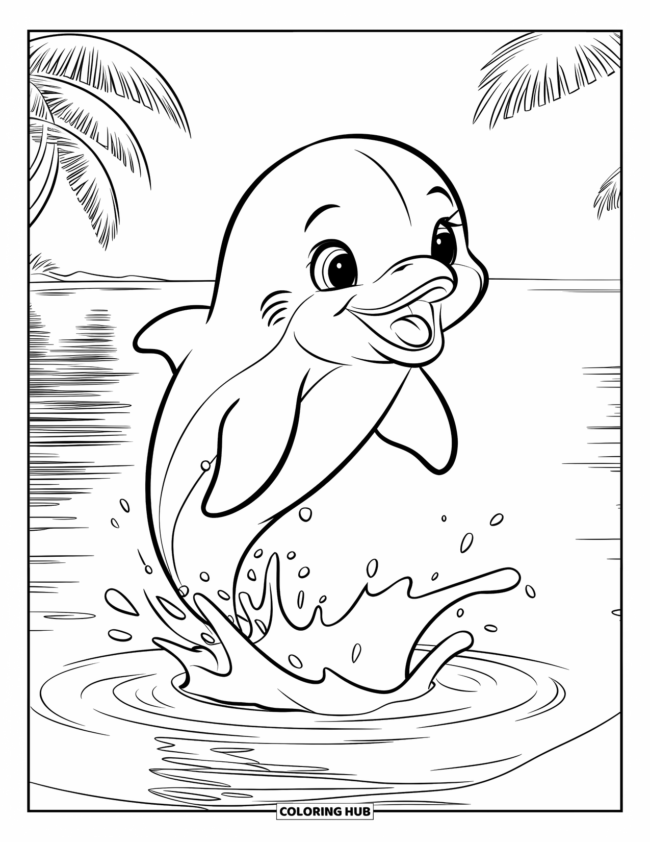Baby Dolphin Coloring Page for Kids: The dolphin jumps high with a splash into calm sea air