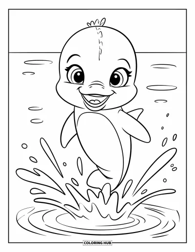 Delfinbaby-Ausmalbild für Kinder: Der Delfin springt mit Wasserspritzern freudig in die Höhe